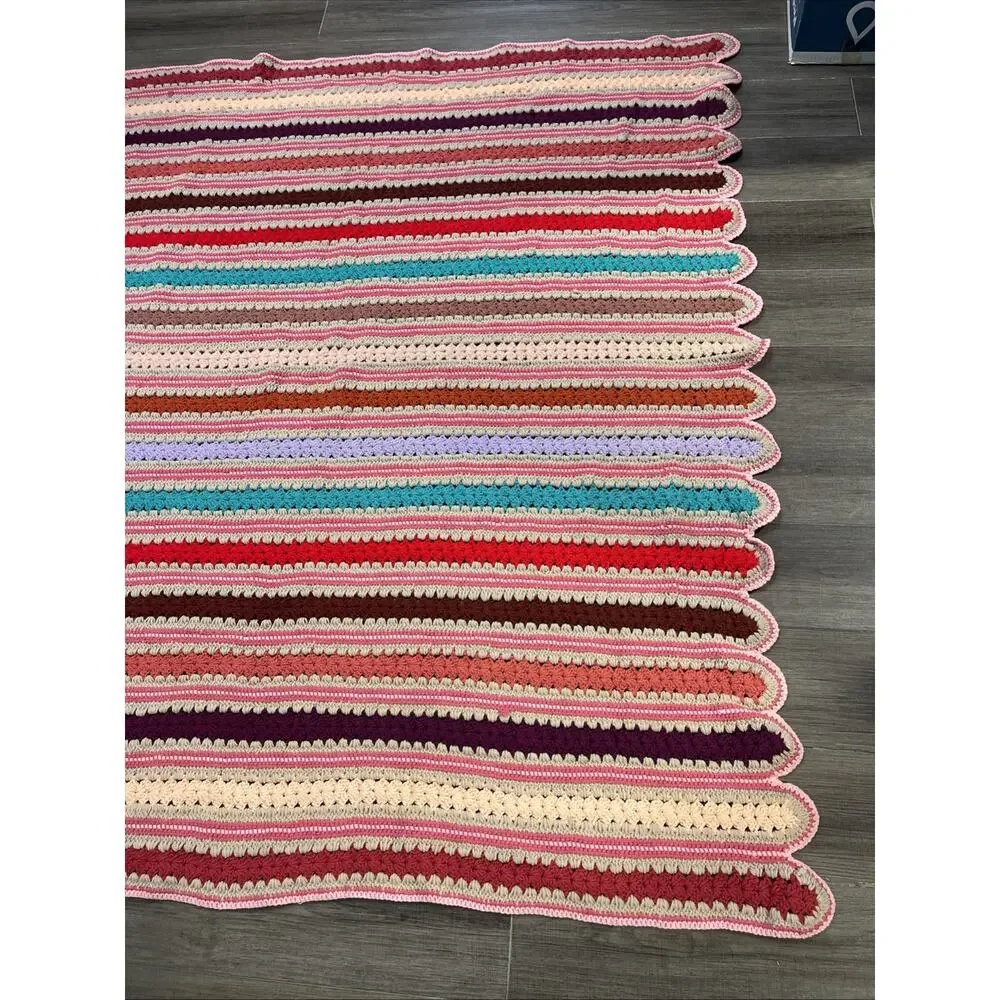 VTG 70s Handmade Crochet Afghan Blanket Striped Pink Retro Boho 65 X 79